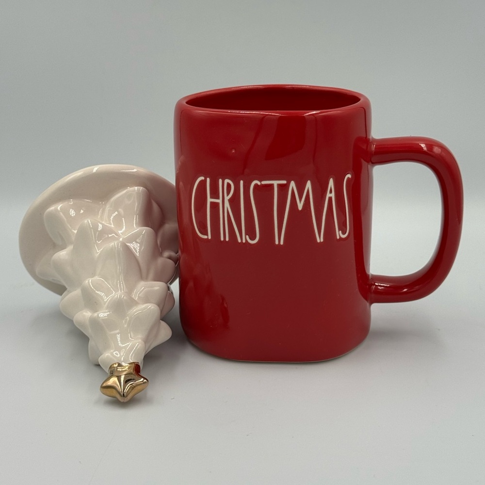 Rae Dunn Red Christmas Stoneware Mug with White Tree Topper - Picture 7 of 9